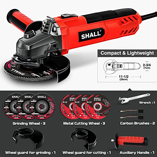 SHALL Angle Grinder Tool 7.5Amp 4-1/2 Inch Grinders Power Tools, Electric Metal Grinder 12000 RPM with 2 Safety Guards, 3 Cutting Wheels, 3 Flap Discs, Non-Slip Handle and Carbon Brush for Metal, Wood