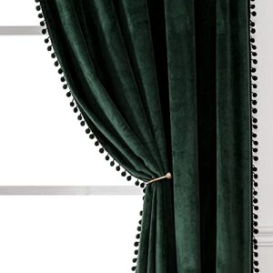 victree pom pom velvet curtains for bedroom, blackout curtains 52 x 84 inch length - room darkening sun light blocking rod pocket window drapes for living room, 2 panels, dark green