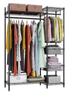 xiofio 6 tiers heavy duty garment rack,clothing storage organizer,metal clothing rack, adjustable clothing rack with hanging rod and wire fixing baskets,46.7"l x 15.7"w x 70.5"h max load 600lbs,black