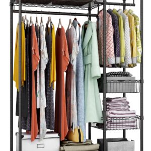 Xiofio 6 Tiers Heavy Duty Garment Rack,Clothing Storage Organizer,Metal Clothing Rack, Adjustable Clothing Rack with Hanging Rod and Wire Fixing Baskets,46.7"L x 15.7"W x 70.5"H Max Load 600LBS,Black