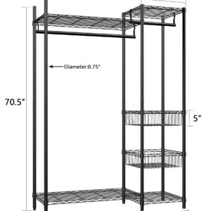 Xiofio 6 Tiers Heavy Duty Garment Rack,Clothing Storage Organizer,Metal Clothing Rack, Adjustable Clothing Rack with Hanging Rod and Wire Fixing Baskets,46.7"L x 15.7"W x 70.5"H Max Load 600LBS,Black