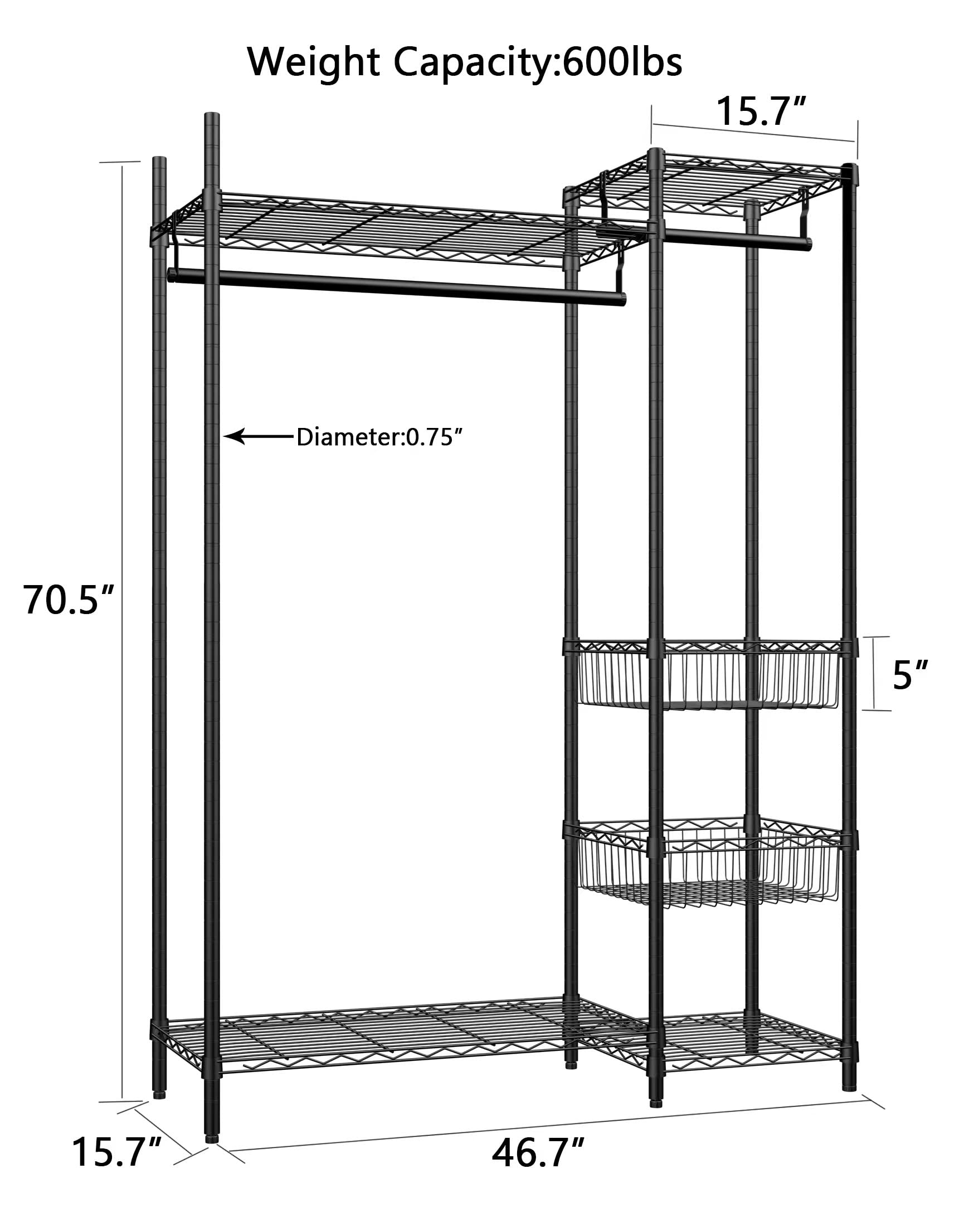 Xiofio 6 Tiers Heavy Duty Garment Rack,Clothing Storage Organizer,Metal Clothing Rack, Adjustable Clothing Rack with Hanging Rod and Wire Fixing Baskets,46.7"L x 15.7"W x 70.5"H Max Load 600LBS,Black