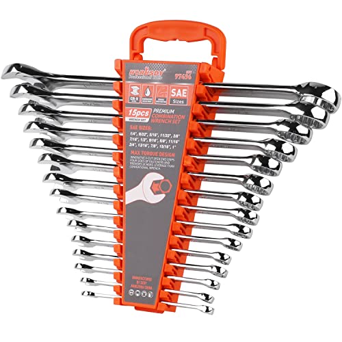 HORUSDY 15-Piece SAE Wrench Set, V Notch Premium Combination Wrenchs Set, SAE 1/4" to 1", Max Torque, 12-Point, Chrome Vanadium Steel, with Storage Rack