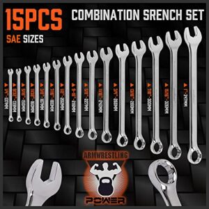 HORUSDY 15-Piece SAE Wrench Set, V Notch Premium Combination Wrenchs Set, SAE 1/4" to 1", Max Torque, 12-Point, Chrome Vanadium Steel, with Storage Rack