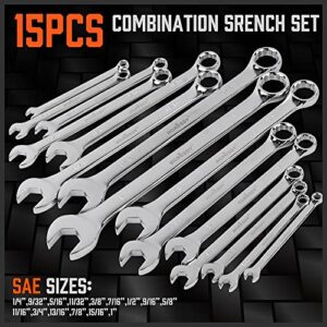 HORUSDY 15-Piece SAE Wrench Set, V Notch Premium Combination Wrenchs Set, SAE 1/4" to 1", Max Torque, 12-Point, Chrome Vanadium Steel, with Storage Rack