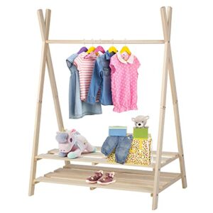 PETKABOO Kids Clothing Rack, Baby Clothes Rack, Freestanding Clothing Rack with Storage Shelf & Hanging Rod, Stable Triangular Frame, 100% Natural Pine Wood Garment Rack, Beige