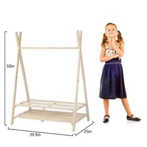 PETKABOO Kids Clothing Rack, Baby Clothes Rack, Freestanding Clothing Rack with Storage Shelf & Hanging Rod, Stable Triangular Frame, 100% Natural Pine Wood Garment Rack, Beige