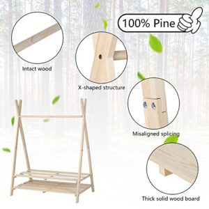 PETKABOO Kids Clothing Rack, Baby Clothes Rack, Freestanding Clothing Rack with Storage Shelf & Hanging Rod, Stable Triangular Frame, 100% Natural Pine Wood Garment Rack, Beige