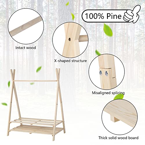 PETKABOO Kids Clothing Rack, Baby Clothes Rack, Freestanding Clothing Rack with Storage Shelf & Hanging Rod, Stable Triangular Frame, 100% Natural Pine Wood Garment Rack, Beige