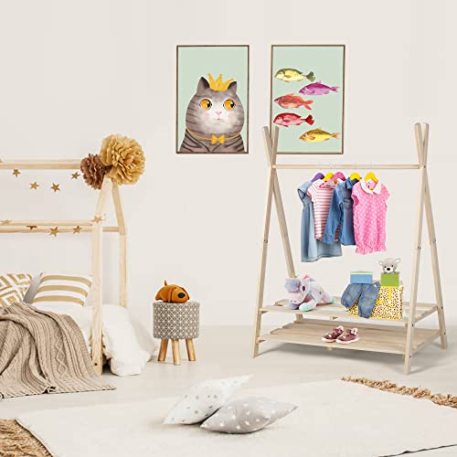 PETKABOO Kids Clothing Rack, Baby Clothes Rack, Freestanding Clothing Rack with Storage Shelf & Hanging Rod, Stable Triangular Frame, 100% Natural Pine Wood Garment Rack, Beige