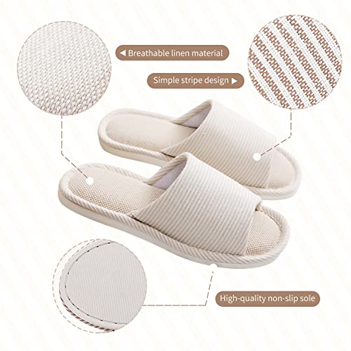 Maltose Washable House Slipper for Guests Reusable 4 Pair Non Slip Thick Bottom Breathable Linen House Slipper for Women Men Couple Spa Slippers Open Toe Bulk (2 Beige Medium Size+2 Brown Large Size)