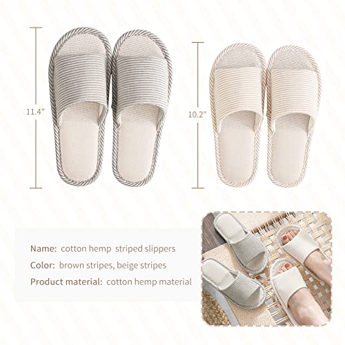 Maltose Washable House Slipper for Guests Reusable 4 Pair Non Slip Thick Bottom Breathable Linen House Slipper for Women Men Couple Spa Slippers Open Toe Bulk (2 Beige Medium Size+2 Brown Large Size)