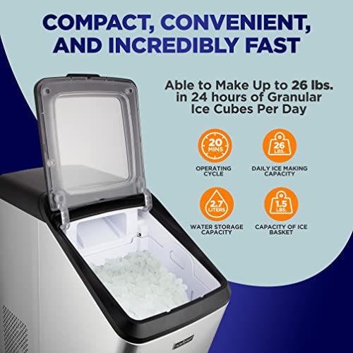 NutriChef Countertop Nugget Ice Maker Machine - Electric Nugget Ice Maker Countertop with Ice Scoop and Basket, Includes Rear-Mounted Hose Drainage, Compact, Convenient, and Incredibly Fast - NCICNUG