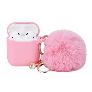 pink case for women cute case designed for airpods cover with pom pom, silicone protective keychain case compatible with airpods 1/2, accessories keychain and pom pom(pink)