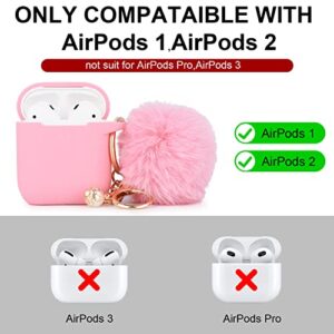 Pink Case for Women Cute Case Designed for AirPods Cover with Pom pom, Silicone Protective Keychain Case Compatible with AirPods 1/2, Accessories Keychain and Pom pom(Pink)