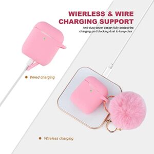 Pink Case for Women Cute Case Designed for AirPods Cover with Pom pom, Silicone Protective Keychain Case Compatible with AirPods 1/2, Accessories Keychain and Pom pom(Pink)