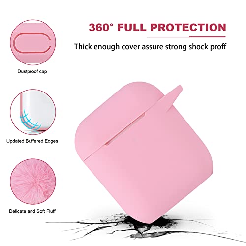 Pink Case for Women Cute Case Designed for AirPods Cover with Pom pom, Silicone Protective Keychain Case Compatible with AirPods 1/2, Accessories Keychain and Pom pom(Pink)