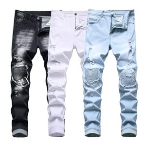 nlsxmx Men's Slim Fit Biker Jeans, Ripped Stretch Distressed Destroyed Straight Leg Moto Denim Pants(Light Blue,34)