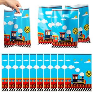 3sscha 50pcs train party favor bag transportation themed waterproof goodie bag with die cut handles railway traffic glossy plastic candy gift bags for kids birthday baby shower decoration supplies