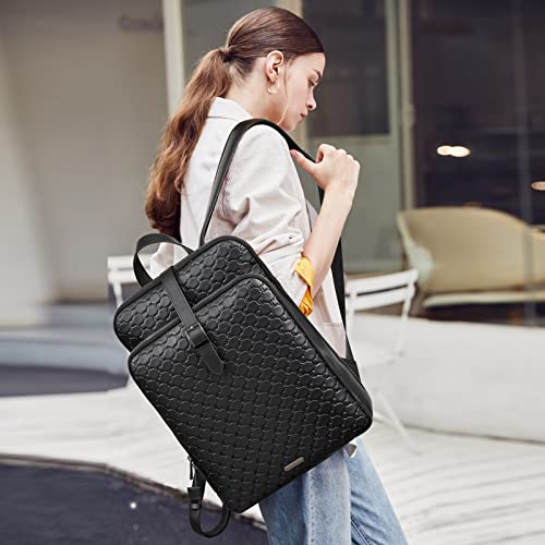 CLUCI Womens Backpack Purse Leather 15.6 Inch Laptop Travel Business Vintage Large Shoulder Bags Black Fine Lines
