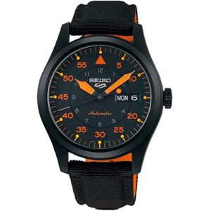 seiko srph33 watch for men - 5 sports - automatic with manual winding movement, blue and orange dial, stainless steel case with black ion finish, black nylon strap, and 100m water resistant