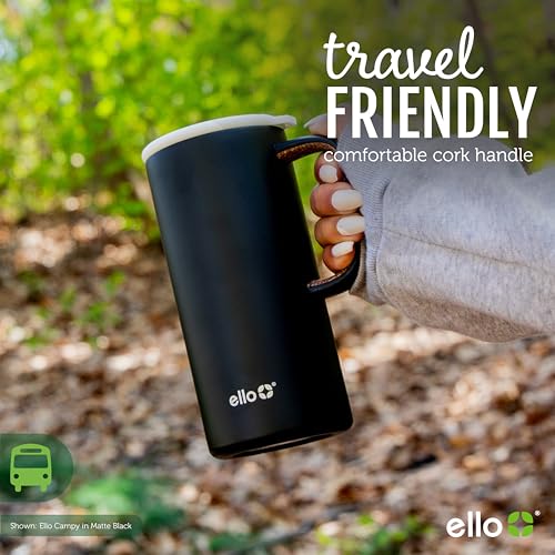 Ello Campy Vacuum Insulated Travel Mug with Leak-Proof Slider Lid and Comfy Carry Handle, Perfect for Coffee or Tea, BPA Free, Matte Black, 18oz