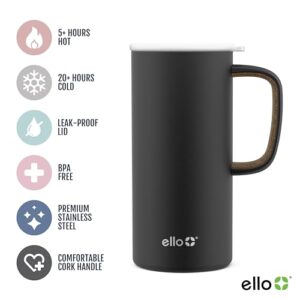 Ello Campy Vacuum Insulated Travel Mug with Leak-Proof Slider Lid and Comfy Carry Handle, Perfect for Coffee or Tea, BPA Free, Matte Black, 18oz