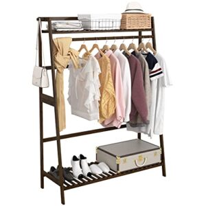 udear bamboo clothing rack with shelves,freestanding garment rack,hanging clothes rack for bedroom,large（brown）