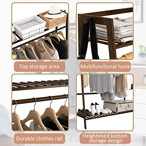 UDEAR Bamboo Clothing Rack with Shelves,Freestanding Garment Rack,Hanging Clothes Rack for Bedroom,Large（Brown）