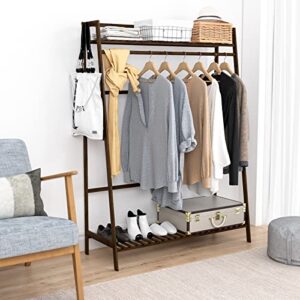 UDEAR Bamboo Clothing Rack with Shelves,Freestanding Garment Rack,Hanging Clothes Rack for Bedroom,Large（Brown）