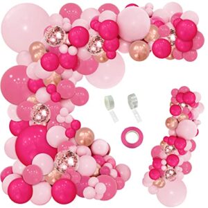 perpaol 143pcs rose pink balloon garland arch kit, hot pink metallic rose gold chrome balloons for wedding party princess theme birthday bridal shower decorations