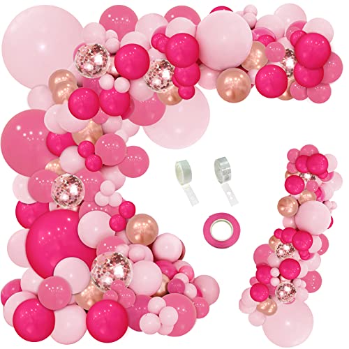 PERPAOL 143Pcs Rose Pink Balloon Garland Arch Kit, Hot Pink Metallic Rose Gold Chrome Balloons for Wedding Party Princess Theme Birthday Bridal Shower Decorations