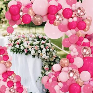 PERPAOL 143Pcs Rose Pink Balloon Garland Arch Kit, Hot Pink Metallic Rose Gold Chrome Balloons for Wedding Party Princess Theme Birthday Bridal Shower Decorations