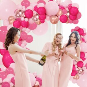 PERPAOL 143Pcs Rose Pink Balloon Garland Arch Kit, Hot Pink Metallic Rose Gold Chrome Balloons for Wedding Party Princess Theme Birthday Bridal Shower Decorations