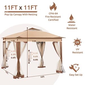 UDPATIO Pop Up Gazebo 11'x11' Patio Instant Gazebo Tent with Mosquito Netting, Outdoor Canopy Shelter with 121 Square Feet of Shade, Soft Top Metal Frame Gazebo for Lawn, Garden, Backyard and Deck