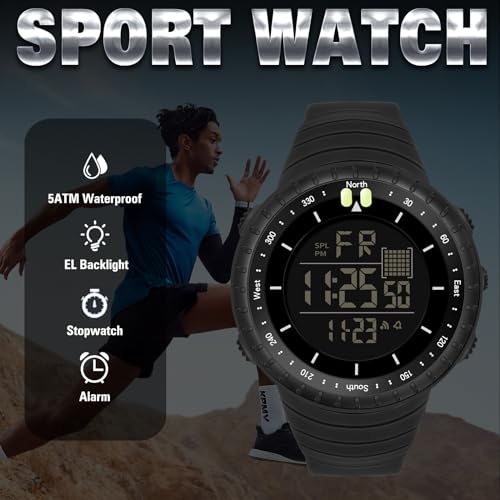 Men Digital Watch Waterproof Sports Military Watch Tactical Watches for Men Wrist Watch Big Face LED Backlight Alarm Stopwatch