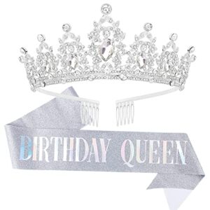 "birthday queen" sash and tiara for women crystal tiara and satin kit for girl rhinestones crown with comb glitter hair accessories for prom party decoration cake topper accessory set with pin (silver tiara and silver sash set)