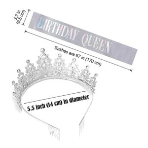 "BIRTHDAY QUEEN" Sash and Tiara for Women Crystal Tiara and Satin Kit for Girl Rhinestones Crown with Comb Glitter Hair Accessories for Prom Party Decoration Cake Topper Accessory Set with Pin (Silver Tiara and Silver Sash Set)