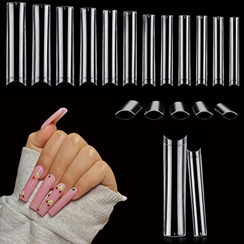 504 PCS No C Curve Clear Nail Tips for Acrylic Nails Professional, 3XL Extra Long, 12 Sizes Half Cover Straight Tapered Square French Fake Nail Tips for Nail Salons Home DIY