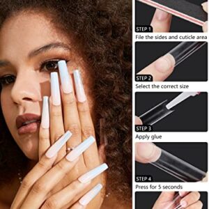 504 PCS No C Curve Clear Nail Tips for Acrylic Nails Professional, 3XL Extra Long, 12 Sizes Half Cover Straight Tapered Square French Fake Nail Tips for Nail Salons Home DIY