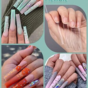 504 PCS No C Curve Clear Nail Tips for Acrylic Nails Professional, 3XL Extra Long, 12 Sizes Half Cover Straight Tapered Square French Fake Nail Tips for Nail Salons Home DIY