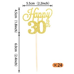 24 Pack Happy 30th Cupcake Toppers Glitter Number 30 Cheers to 30 Cupcake Picks 30th Birthday Wedding Anniversary Party Cake Decorations Supplies Gold