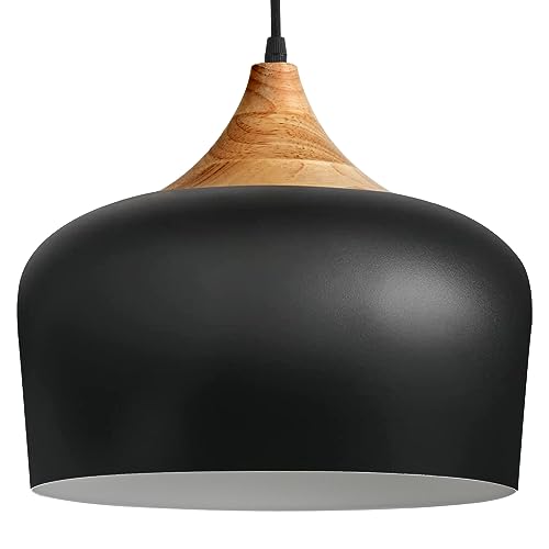 POLITAMP Modern Pendant Lights,Wooden Dome Pendant Light Fixture,Adjustable Hanging Pendant Lighting Chandelier Lamp for Kitchen Island,Dining Room,Hallway,Foyer,Bedroom(Black)