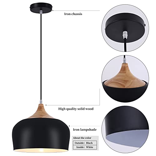 POLITAMP Modern Pendant Lights,Wooden Dome Pendant Light Fixture,Adjustable Hanging Pendant Lighting Chandelier Lamp for Kitchen Island,Dining Room,Hallway,Foyer,Bedroom(Black)