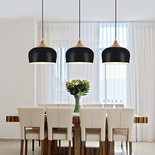 POLITAMP Modern Pendant Lights,Wooden Dome Pendant Light Fixture,Adjustable Hanging Pendant Lighting Chandelier Lamp for Kitchen Island,Dining Room,Hallway,Foyer,Bedroom(Black)