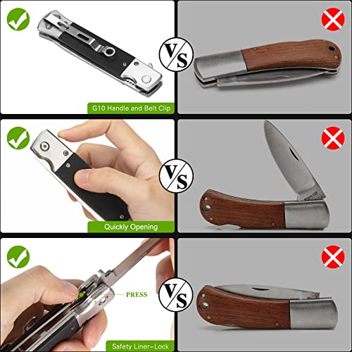 GVDV Folding Pocket Knife with G10 Handle, 7CR17 Stainless Steel EDC Knife with Safety Liner Lock, Hunting Camping Hiking Fishing Knife for Men Women, Silver