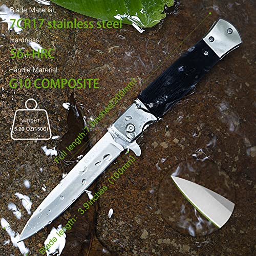 GVDV Folding Pocket Knife with G10 Handle, 7CR17 Stainless Steel EDC Knife with Safety Liner Lock, Hunting Camping Hiking Fishing Knife for Men Women, Silver