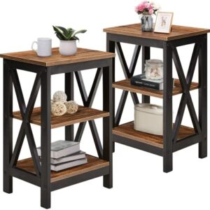 VECELO End Side Table with Storage Shelf Living Room,Bedroom Furniture, Brown(Set of 2), Nightstand with Shelves