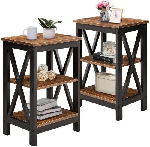 VECELO End Side Table with Storage Shelf Living Room,Bedroom Furniture, Brown(Set of 2), Nightstand with Shelves