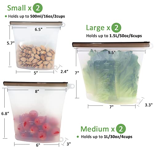 Tinsirone Reusable Food Storage Bags, 6 Pack Silicone Food Storage Bags,Leakproof Silicone Bags for Food Storage, Durable, Dishwasher Safe